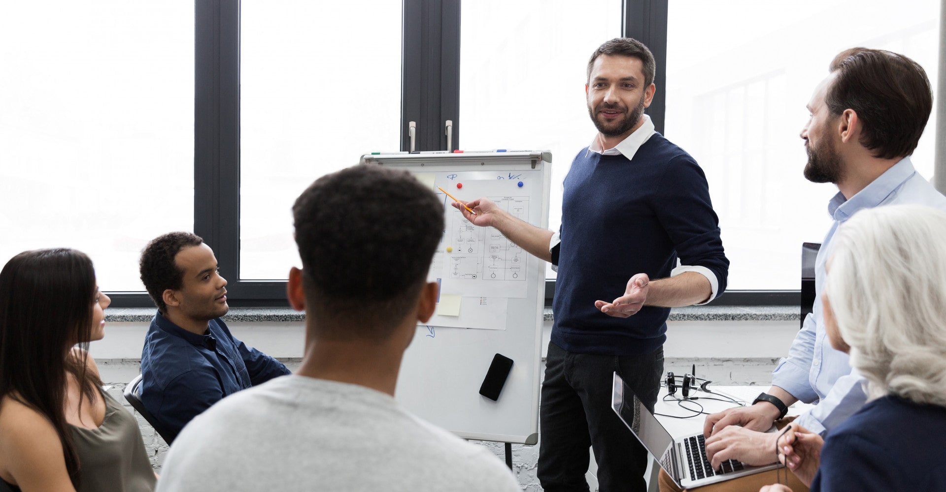 Professional corporate presentation and team training session led by a consultant in a modern office