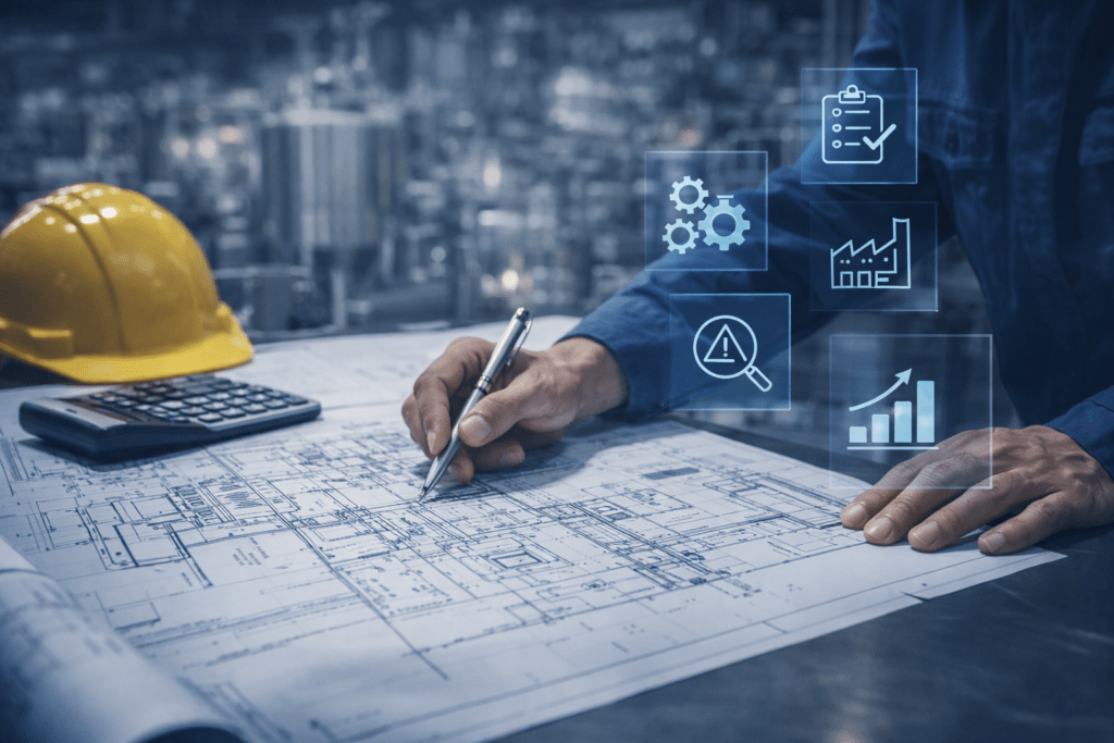 Engineer reviewing blueprints and technical drawings for industrial plant engineering with digital UI overlay icons