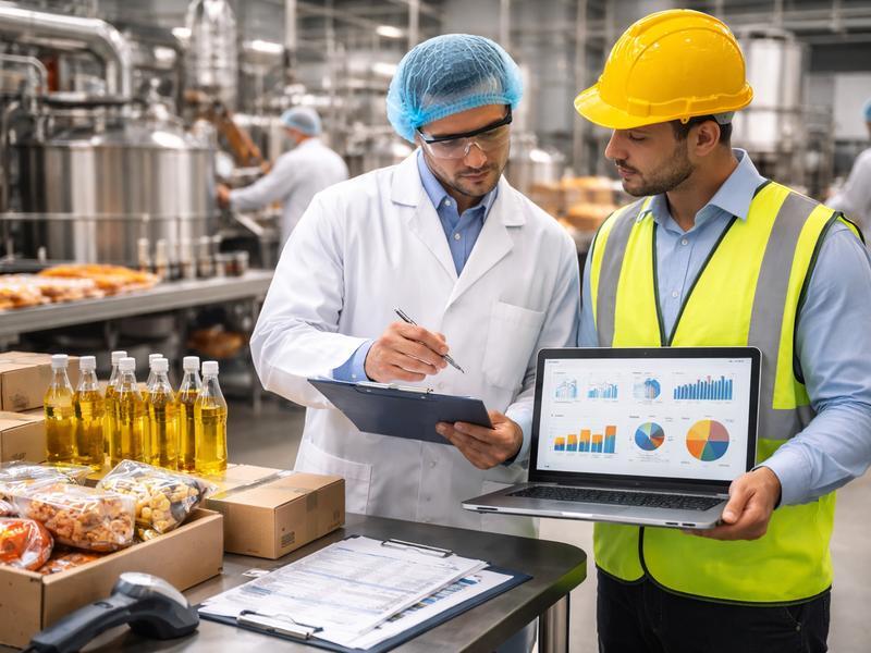 Nitin Aras technical experts reviewing food manufacturing performance analytics and quality audit data on laptop and clipboard.